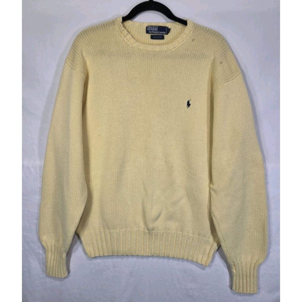 Polo Ralph Lauren Chunky Knit Sweater Mens Large Yellow Pullover Cotton Preppy